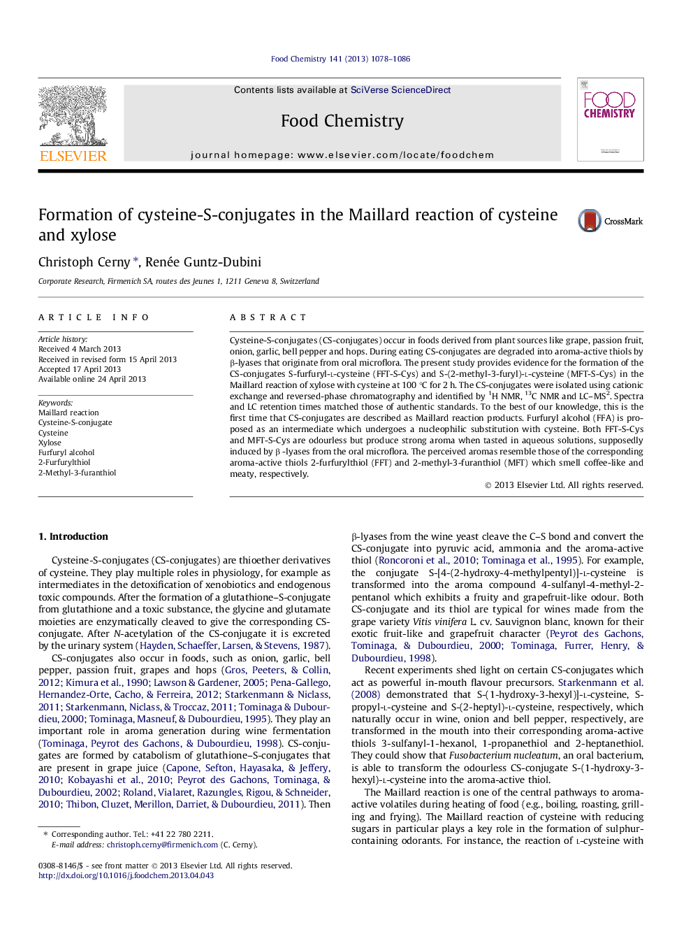عکس صفحه اول مقاله: Formation of cysteine-S-conjugates in the Maillard reaction of cysteine and xylose Formation of cysteine-S-conjugates in the Maillard reaction of cysteine and xylose