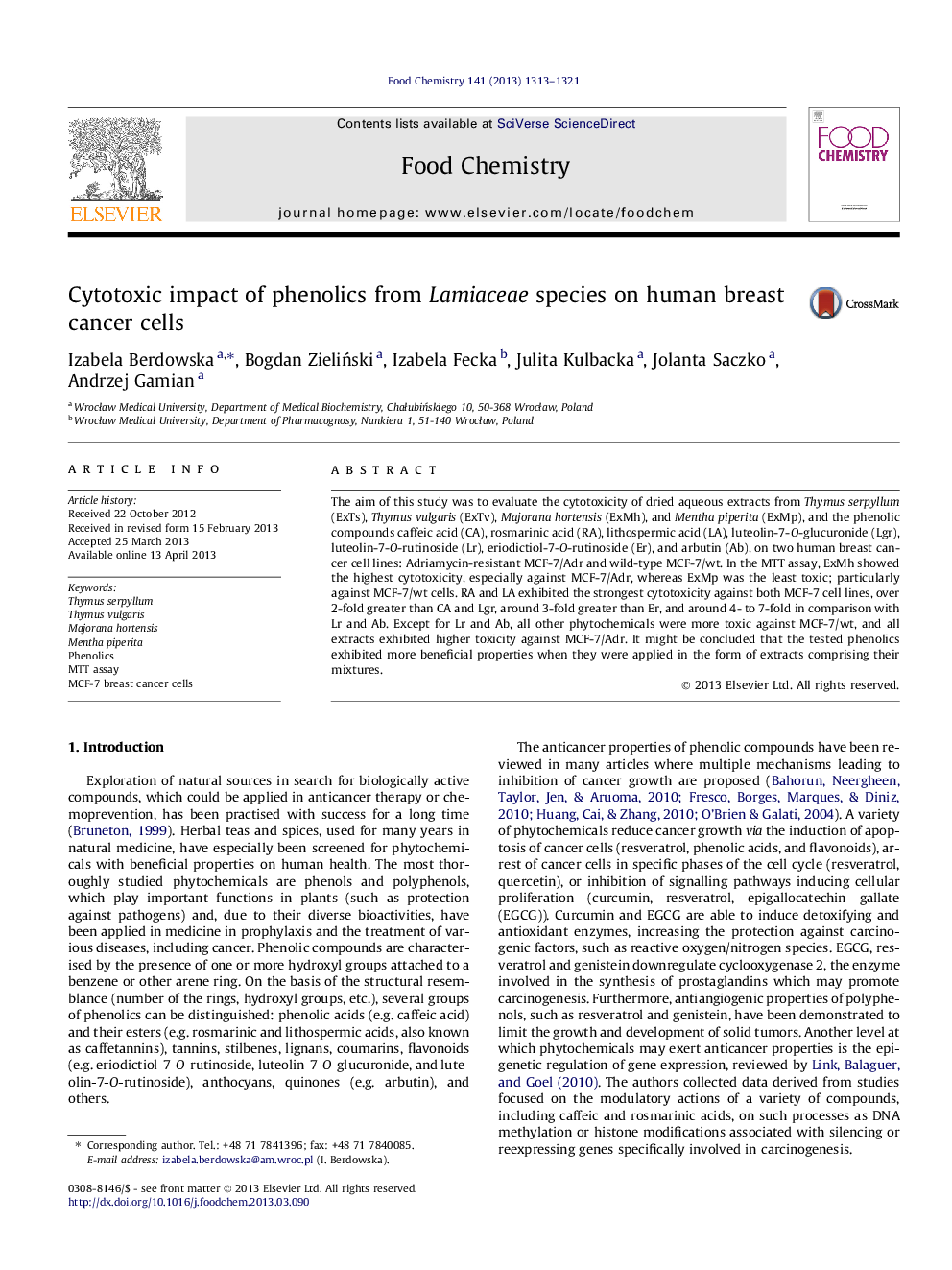 Cytotoxic impact of phenolics from Lamiaceae species on human breast cancer cells