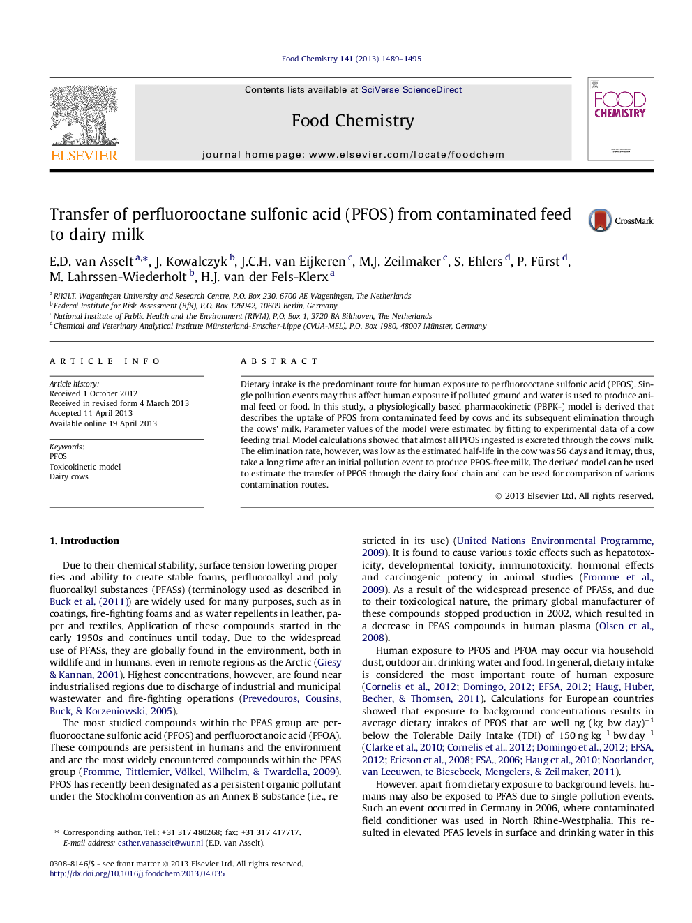 Transfer of perfluorooctane sulfonic acid (PFOS) from contaminated feed to dairy milk