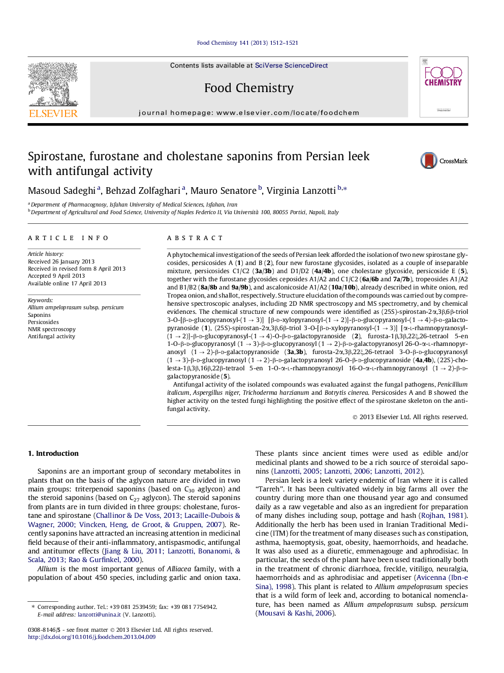 Spirostane, furostane and cholestane saponins from Persian leek with antifungal activity