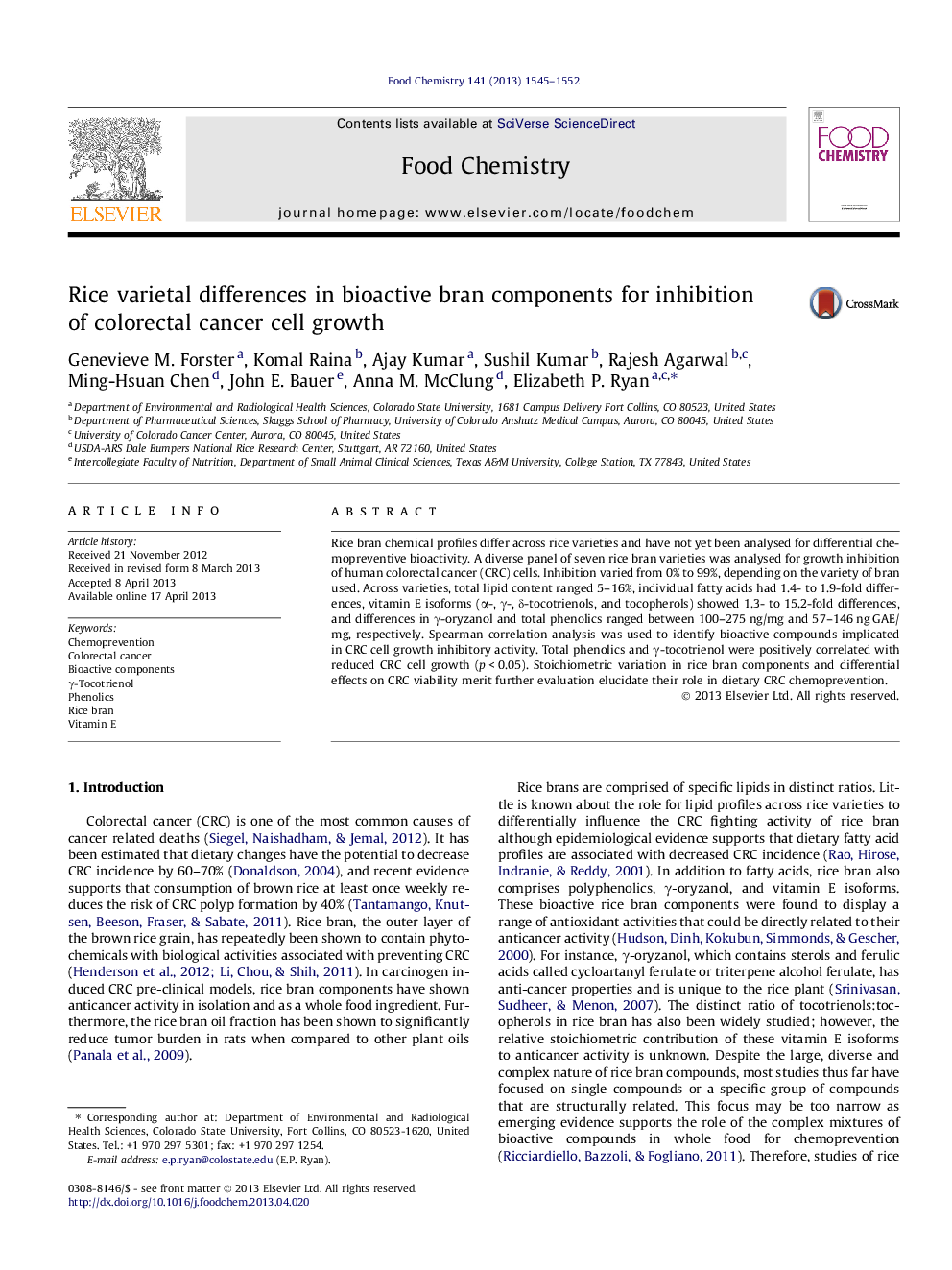 Rice varietal differences in bioactive bran components for inhibition of colorectal cancer cell growth