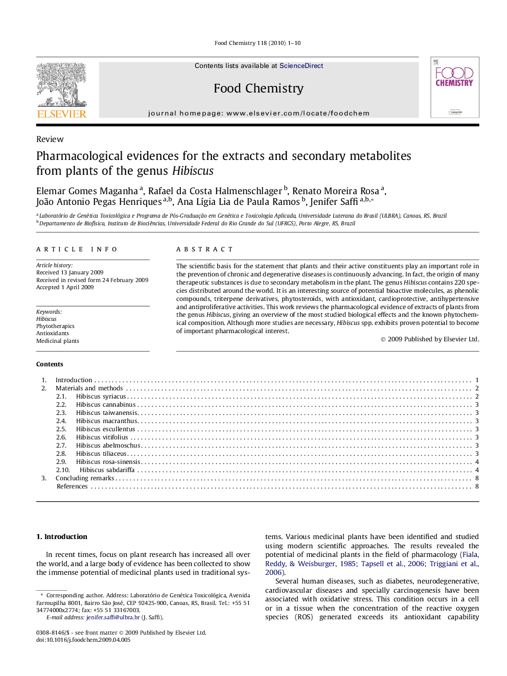 عکس صفحه اول مقاله: Pharmacological evidences for the extracts and secondary metabolites from plants of the genus Hibiscus Pharmacological evidences for the extracts and secondary metabolites from plants of the genus Hibiscus