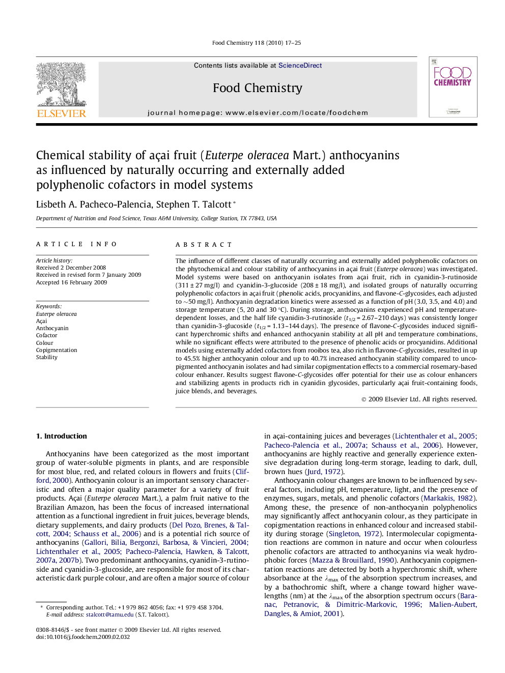 Chemical stability of açai fruit (Euterpe oleracea Mart.) anthocyanins as influenced by naturally occurring and externally added polyphenolic cofactors in model systems