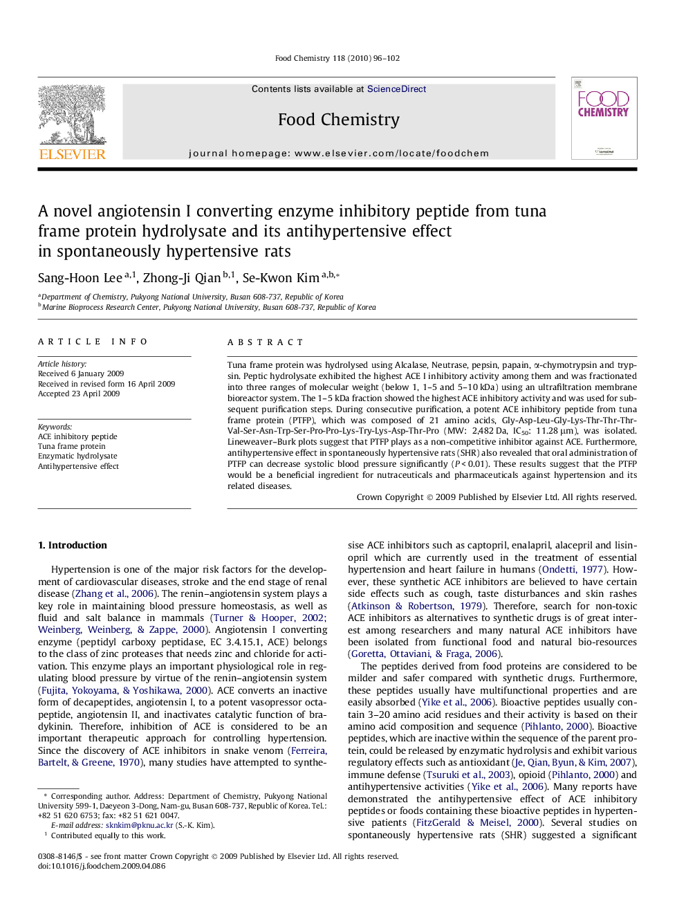 عکس صفحه اول مقاله: A novel angiotensin I converting enzyme inhibitory peptide from tuna frame protein hydrolysate and its antihypertensive effect in spontaneously hypertensive rats A novel angiotensin I converting enzyme inhibitory peptide from tuna frame protein hydrolysate and its antihypertensive effect in spontaneously hypertensive rats