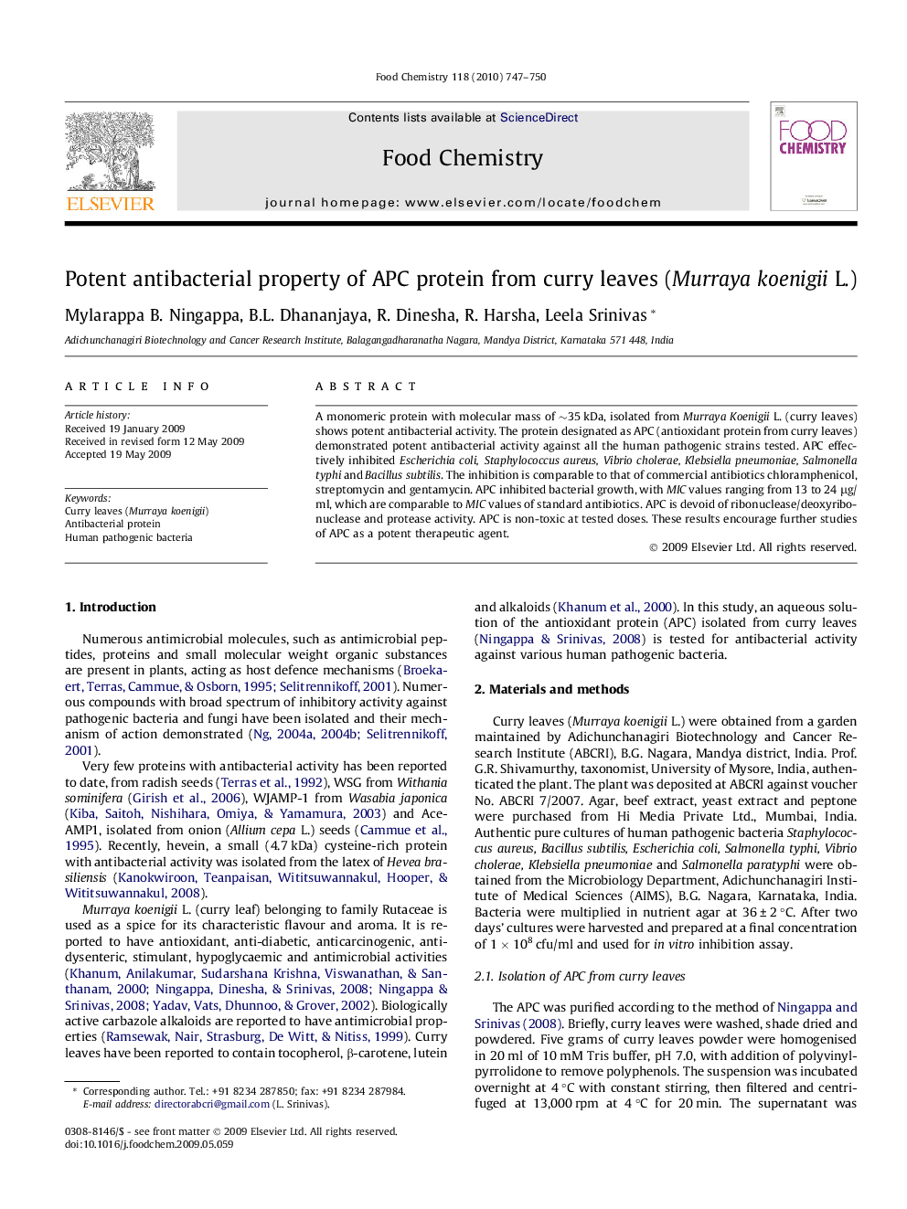 Potent antibacterial property of APC protein from curry leaves (Murraya koenigii L.)