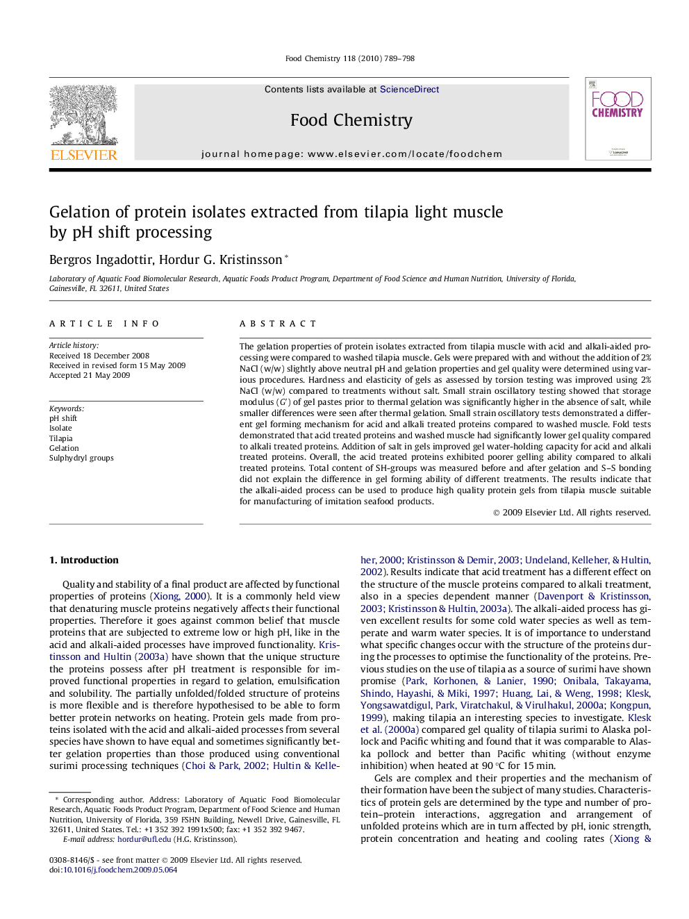 Gelation of protein isolates extracted from tilapia light muscle by pH shift processing