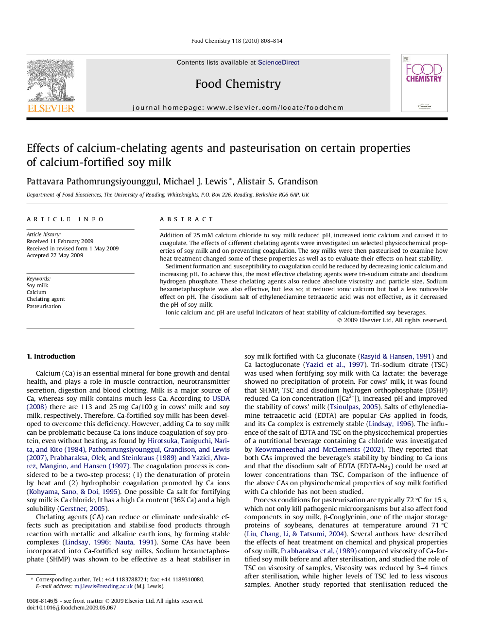 Effects of calcium-chelating agents and pasteurisation on certain properties of calcium-fortified soy milk