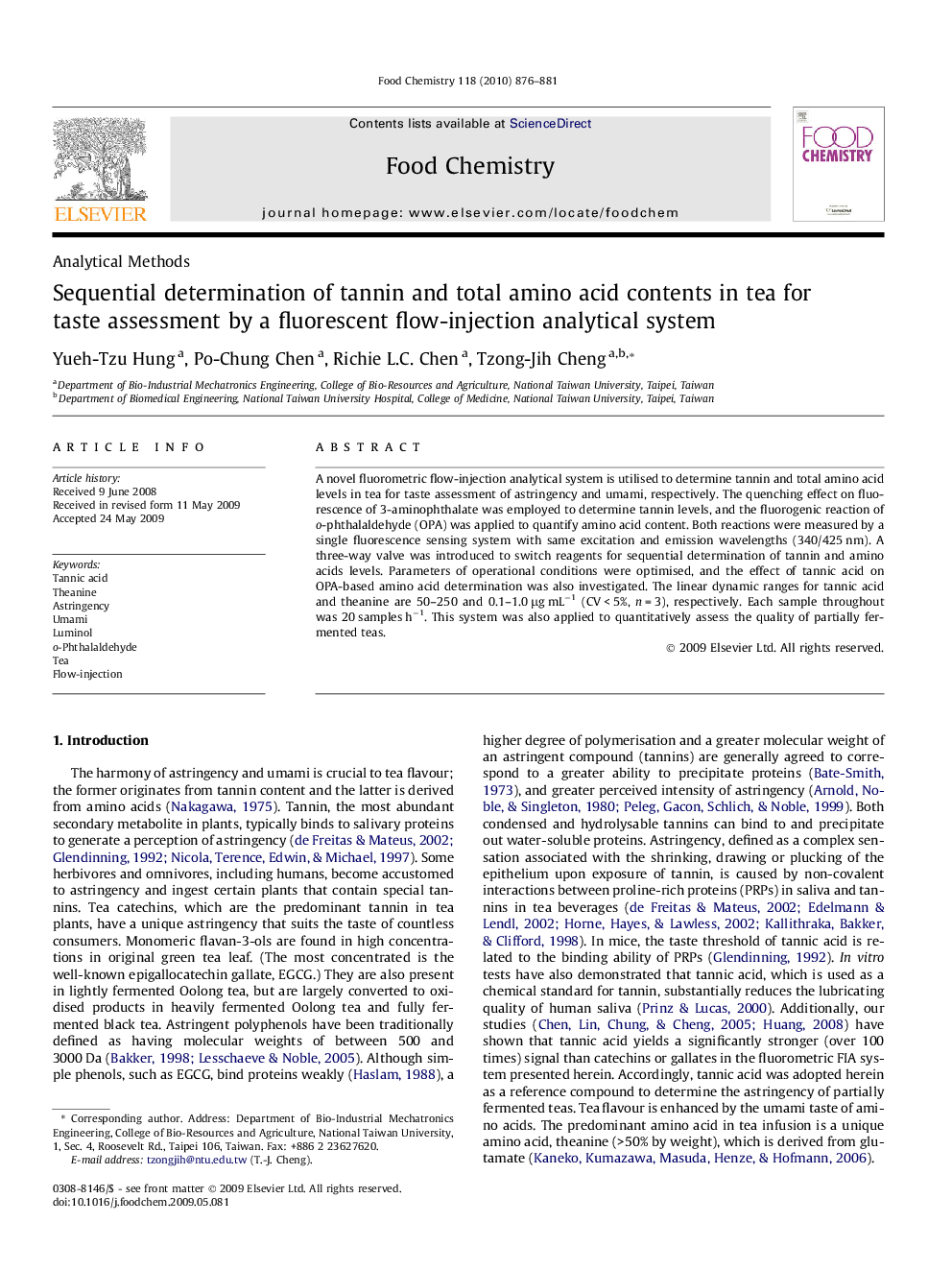 Sequential determination of tannin and total amino acid contents in tea for taste assessment by a fluorescent flow-injection analytical system