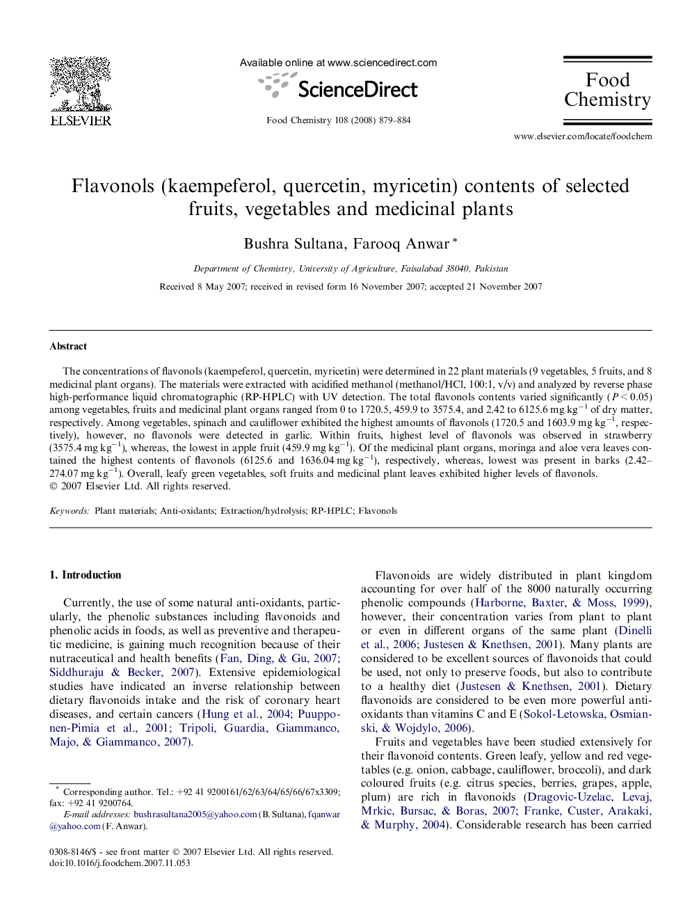 Flavonols (kaempeferol, quercetin, myricetin) contents of selected fruits, vegetables and medicinal plants