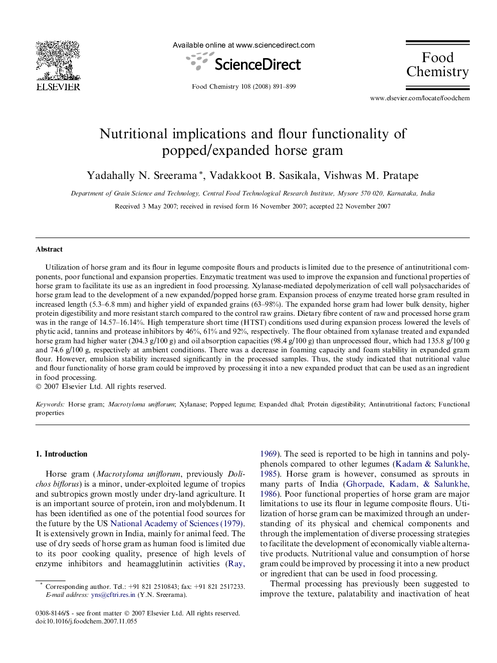 Nutritional implications and flour functionality of popped/expanded horse gram