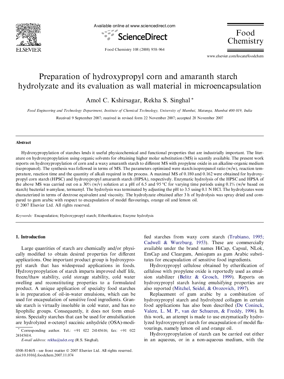 Preparation of hydroxypropyl corn and amaranth starch hydrolyzate and its evaluation as wall material in microencapsulation