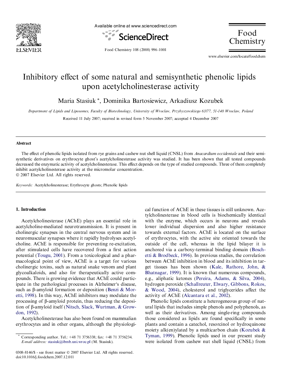 Inhibitory effect of some natural and semisynthetic phenolic lipids upon acetylcholinesterase activity