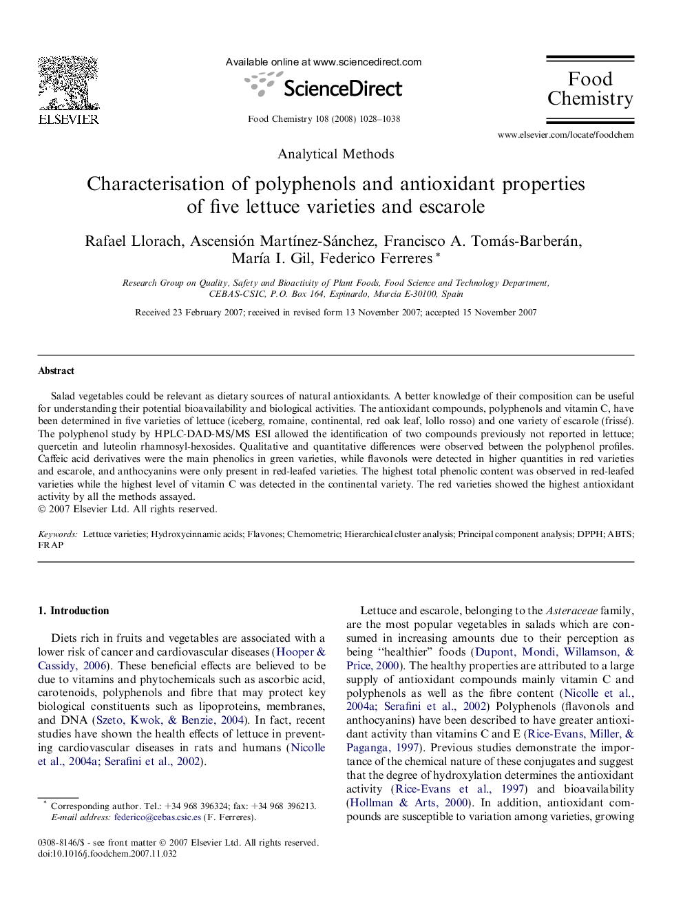 Characterisation of polyphenols and antioxidant properties of five lettuce varieties and escarole