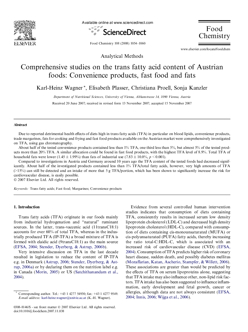 Comprehensive studies on the trans fatty acid content of Austrian foods: Convenience products, fast food and fats