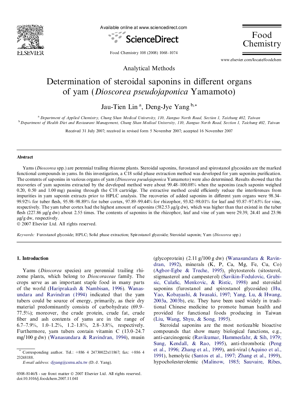 Determination of steroidal saponins in different organs of yam (Dioscorea pseudojaponica Yamamoto)