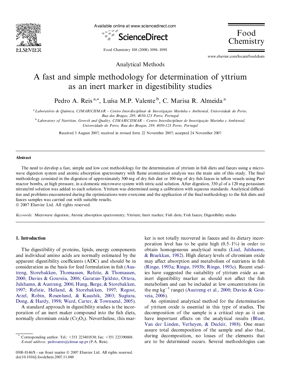 A fast and simple methodology for determination of yttrium as an inert marker in digestibility studies