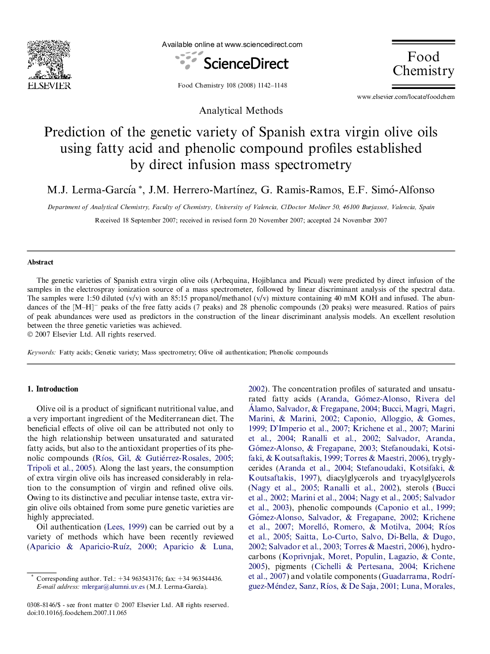 Prediction of the genetic variety of Spanish extra virgin olive oils using fatty acid and phenolic compound profiles established by direct infusion mass spectrometry