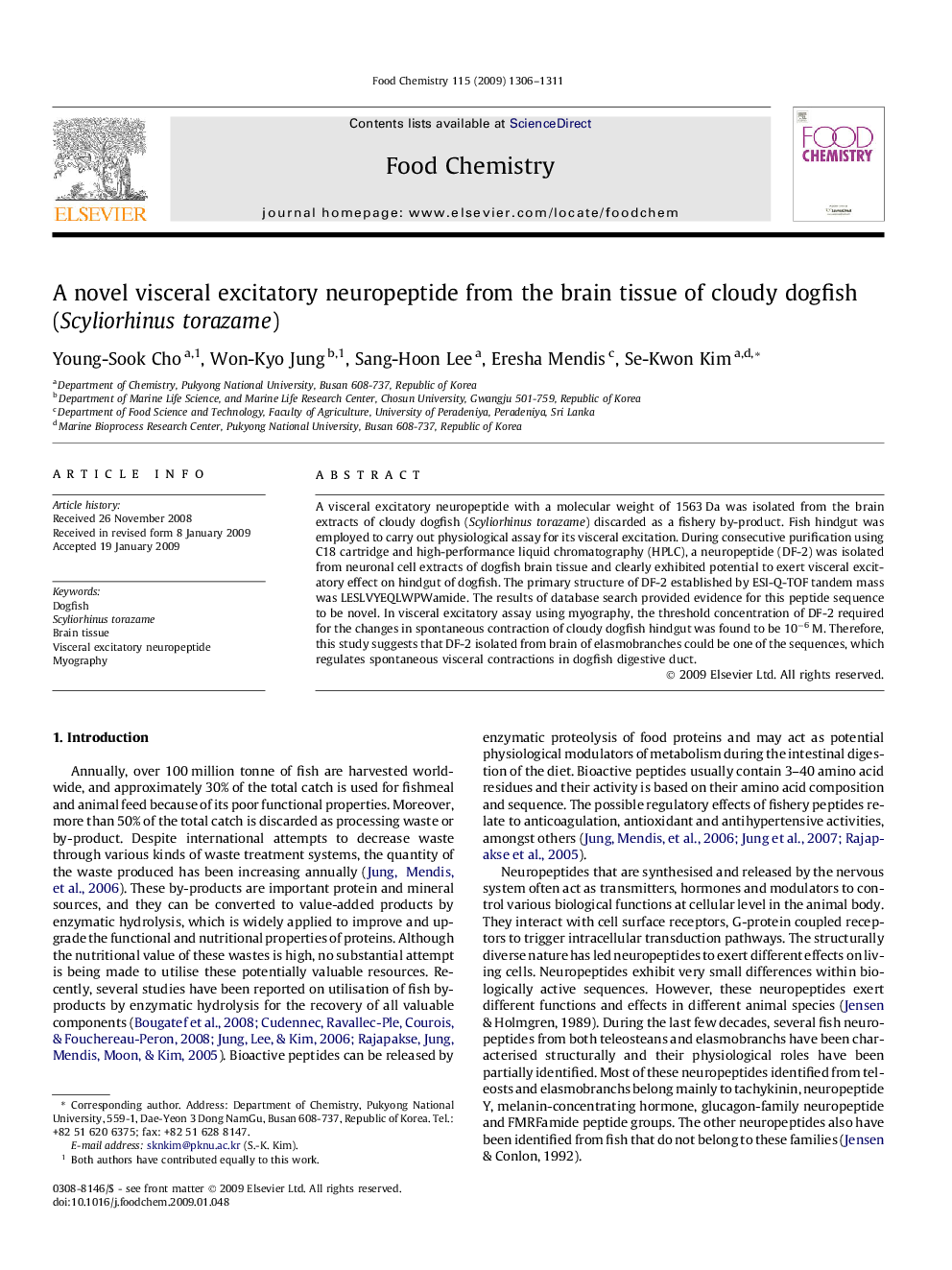 A novel visceral excitatory neuropeptide from the brain tissue of cloudy dogfish (Scyliorhinus torazame)