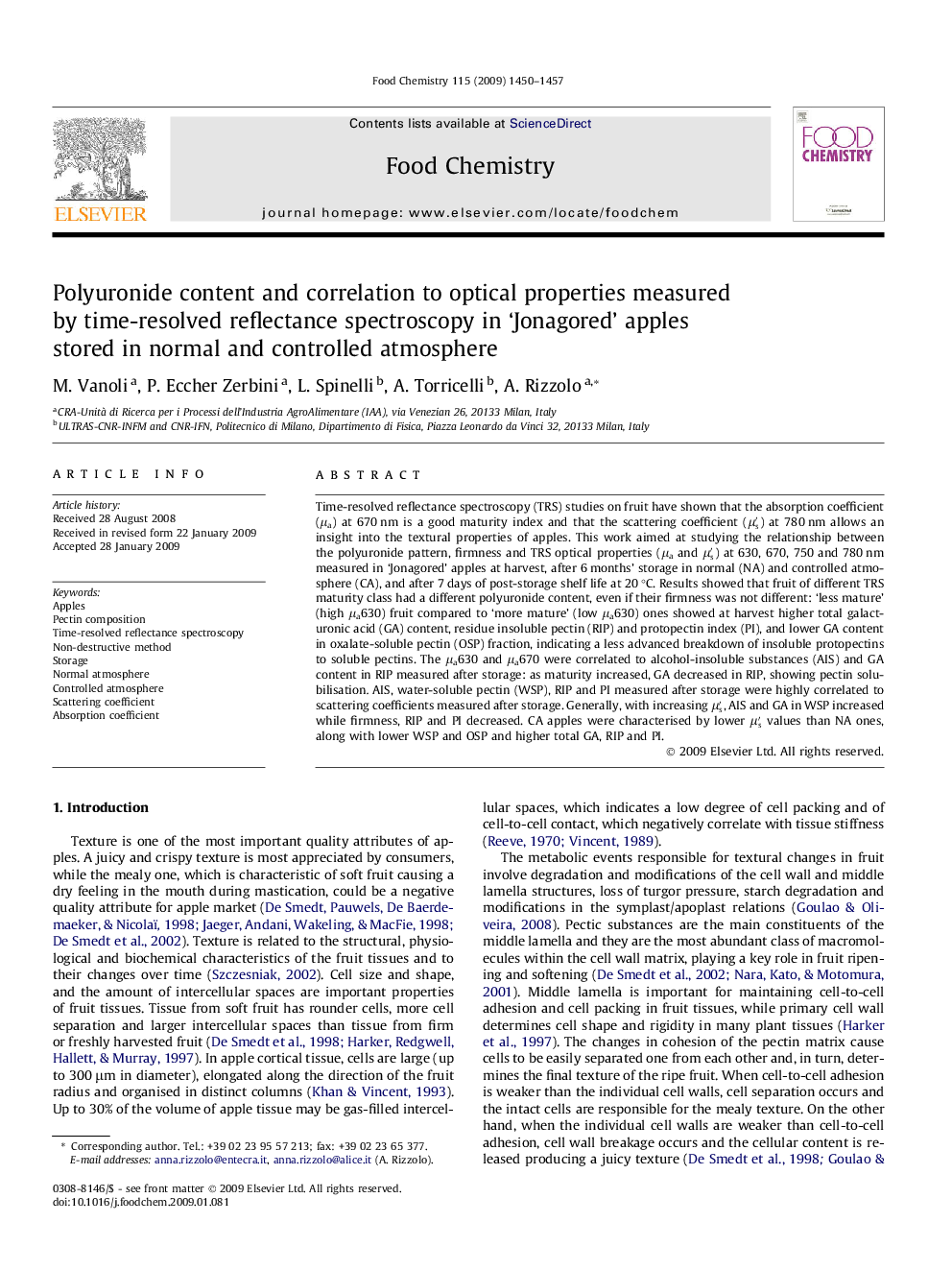 Polyuronide content and correlation to optical properties measured by time-resolved reflectance spectroscopy in ‘Jonagored’ apples stored in normal and controlled atmosphere