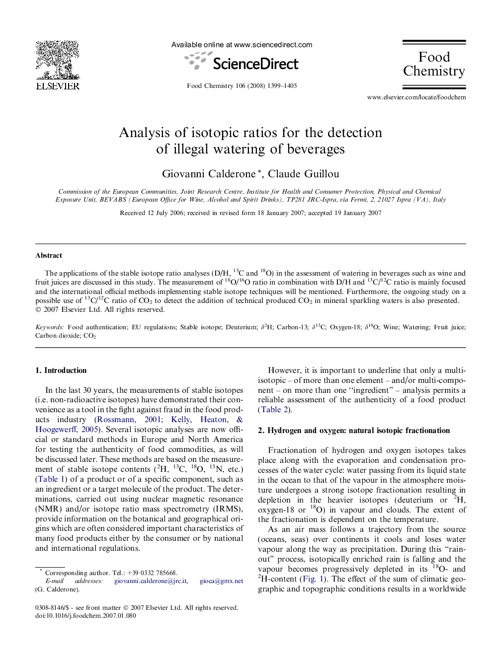 Analysis of isotopic ratios for the detection of illegal watering of beverages