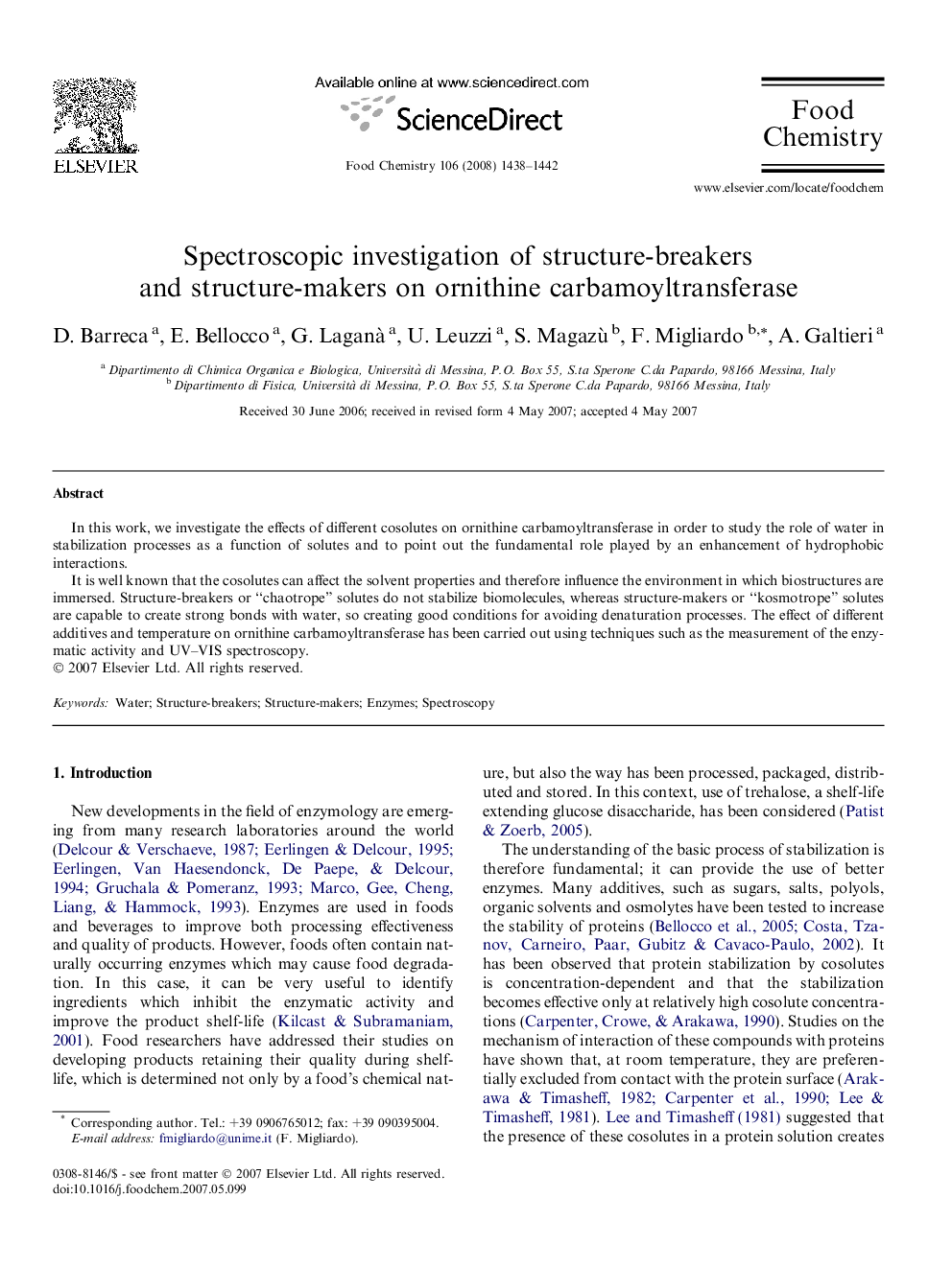 Spectroscopic investigation of structure-breakers and structure-makers on ornithine carbamoyltransferase