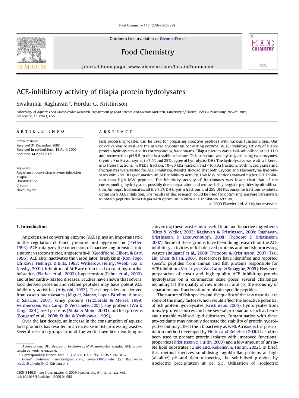 ACE-inhibitory activity of tilapia protein hydrolysates