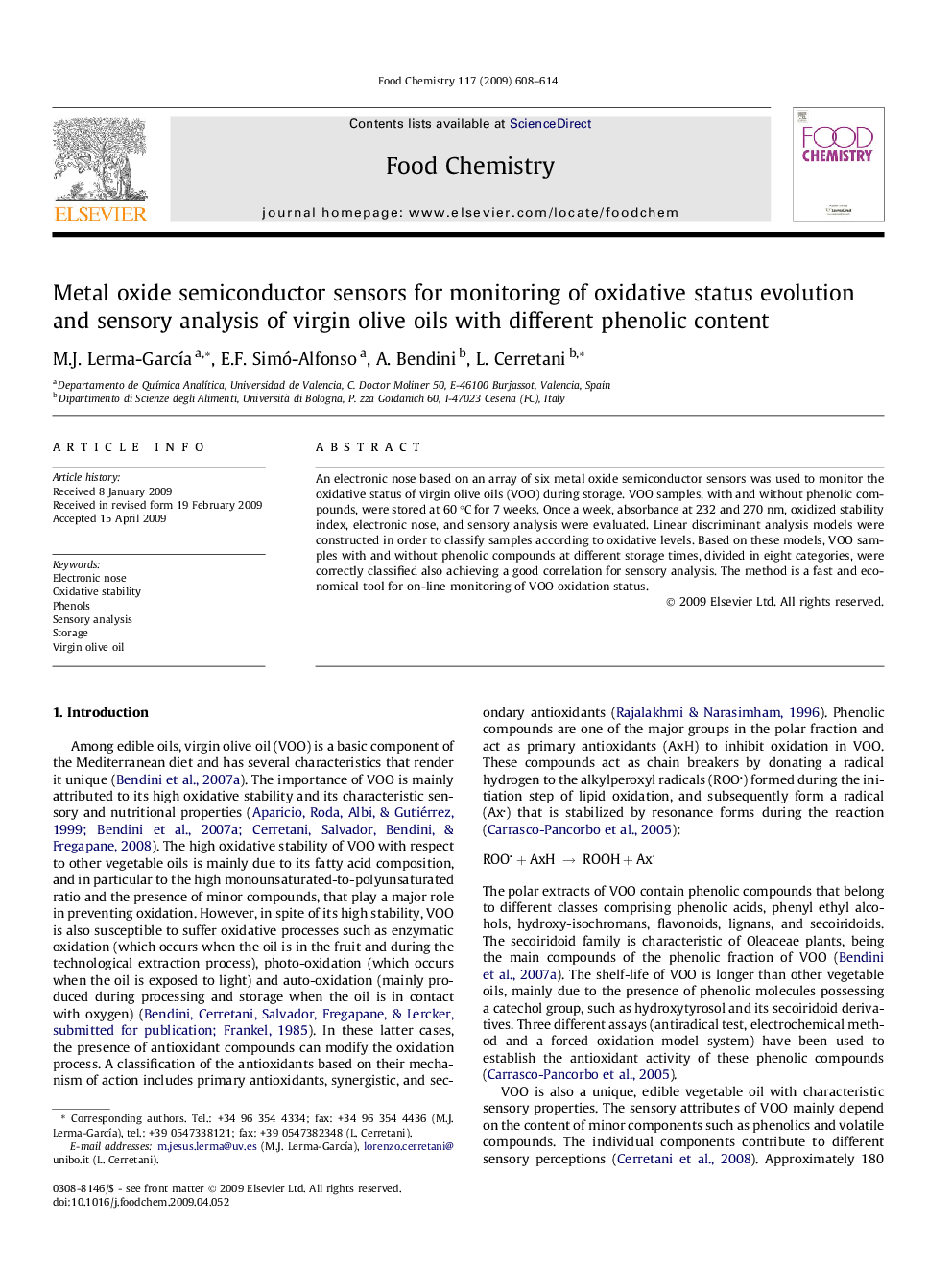 Metal oxide semiconductor sensors for monitoring of oxidative status evolution and sensory analysis of virgin olive oils with different phenolic content