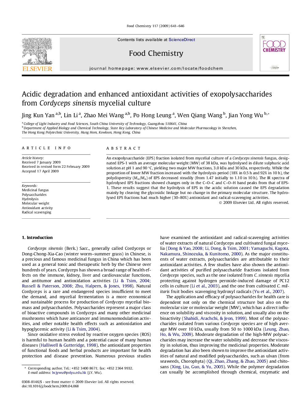 Acidic degradation and enhanced antioxidant activities of exopolysaccharides from Cordyceps sinensis mycelial culture