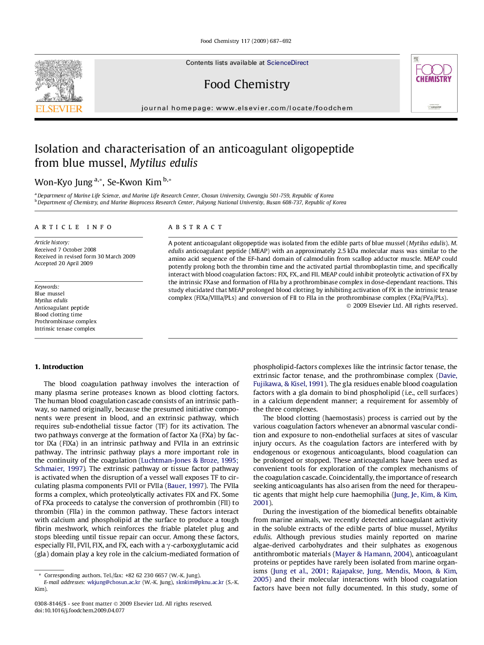 Isolation and characterisation of an anticoagulant oligopeptide from blue mussel, Mytilus edulis