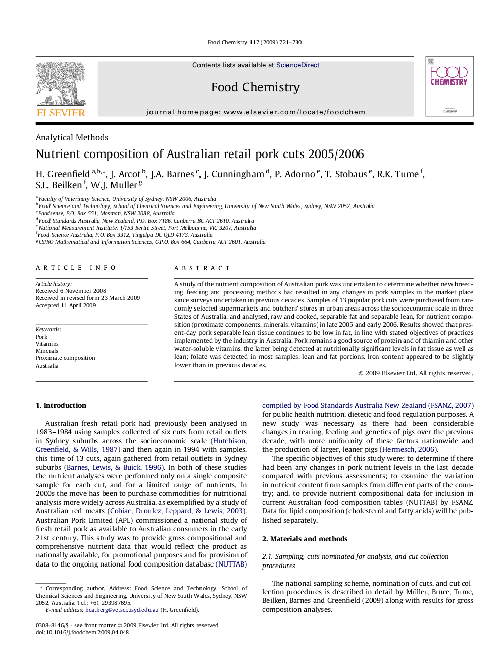 Nutrient composition of Australian retail pork cuts 2005/2006