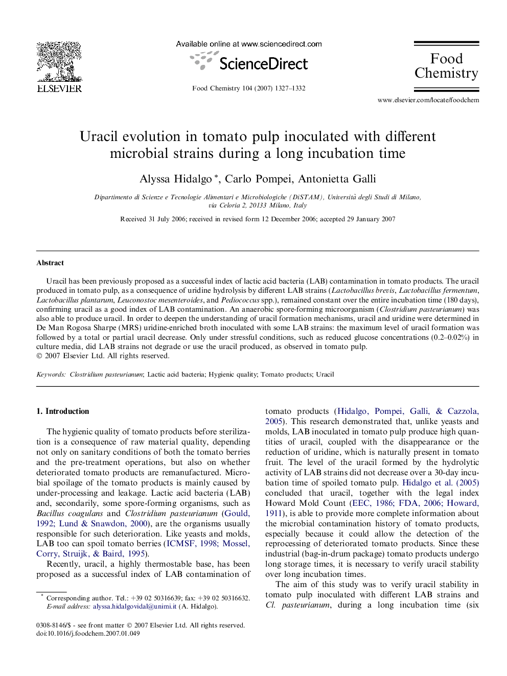 Uracil evolution in tomato pulp inoculated with different microbial strains during a long incubation time