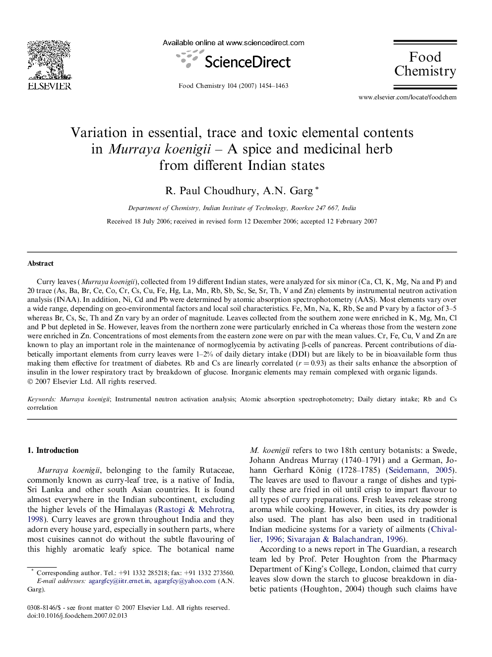 Variation in essential, trace and toxic elemental contents in Murraya koenigii – A spice and medicinal herb from different Indian states