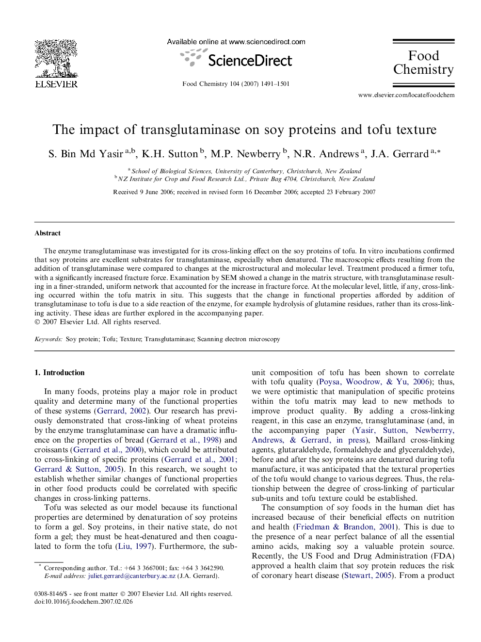 The impact of transglutaminase on soy proteins and tofu texture