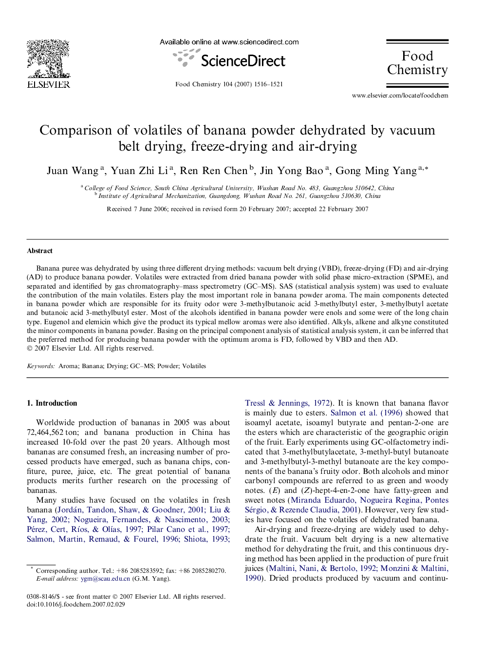 Comparison of volatiles of banana powder dehydrated by vacuum belt drying, freeze-drying and air-drying