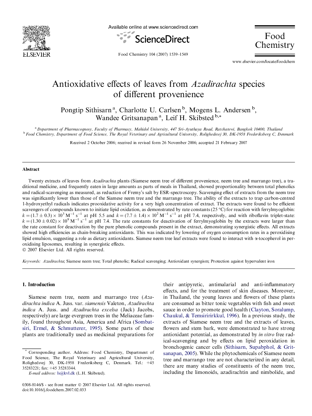 Antioxidative effects of leaves from Azadirachta species of different provenience