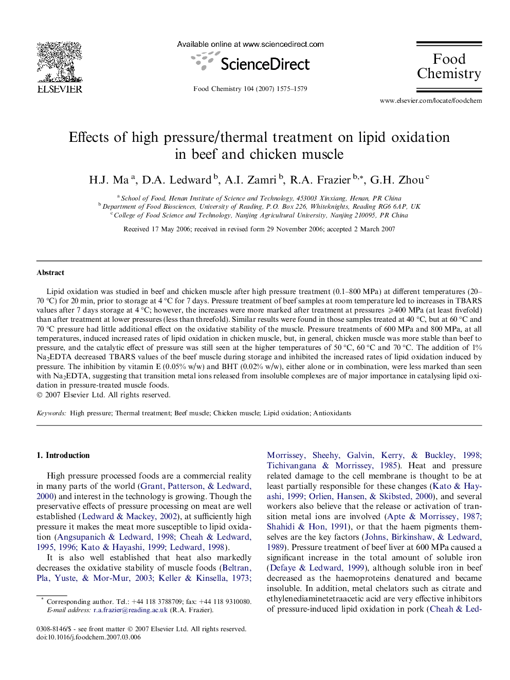 Effects of high pressure/thermal treatment on lipid oxidation in beef and chicken muscle