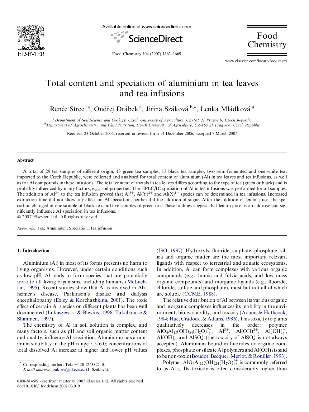 Total content and speciation of aluminium in tea leaves and tea infusions