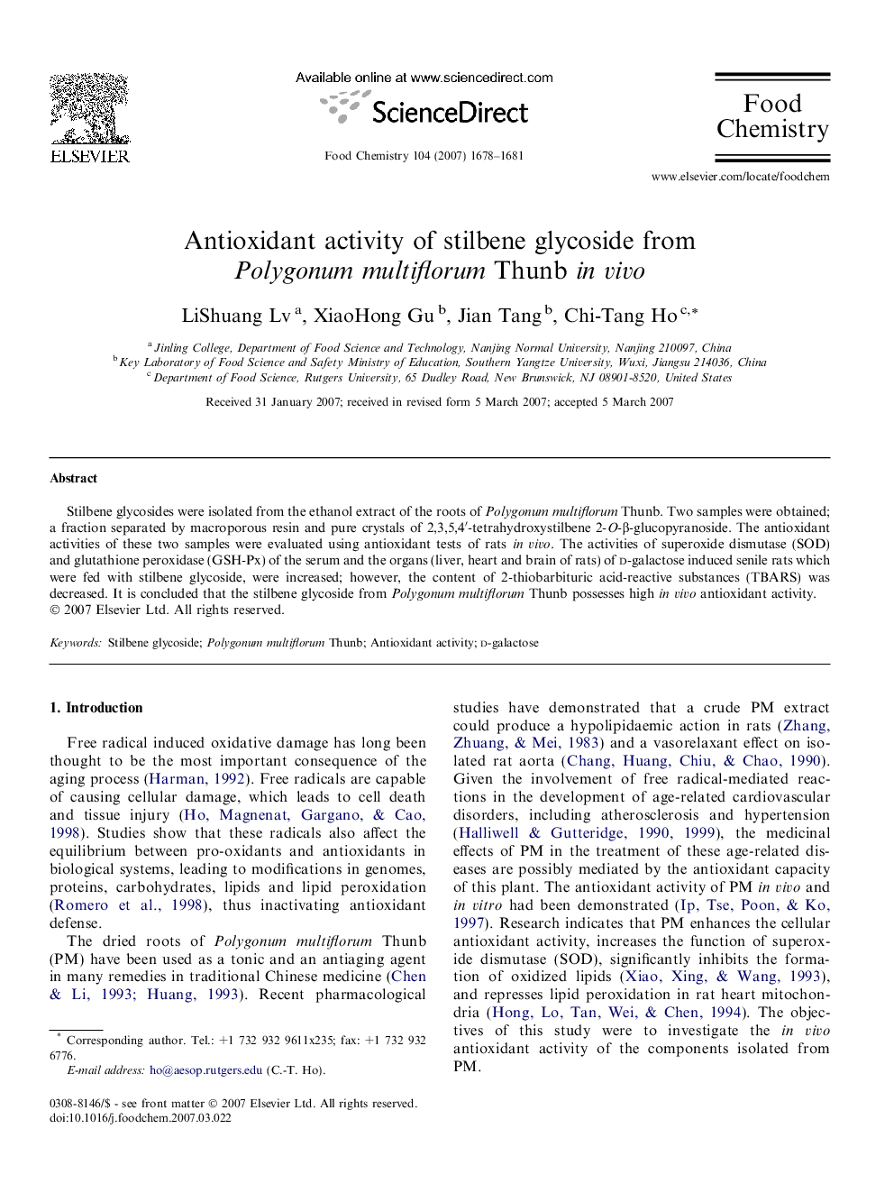 Antioxidant activity of stilbene glycoside from Polygonum multiflorum Thunb in vivo