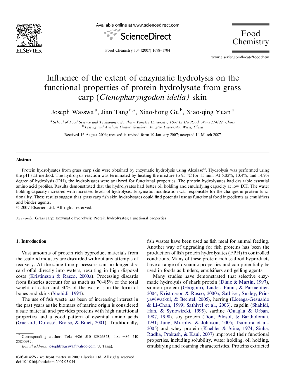 Influence of the extent of enzymatic hydrolysis on the functional properties of protein hydrolysate from grass carp (Ctenopharyngodon idella) skin