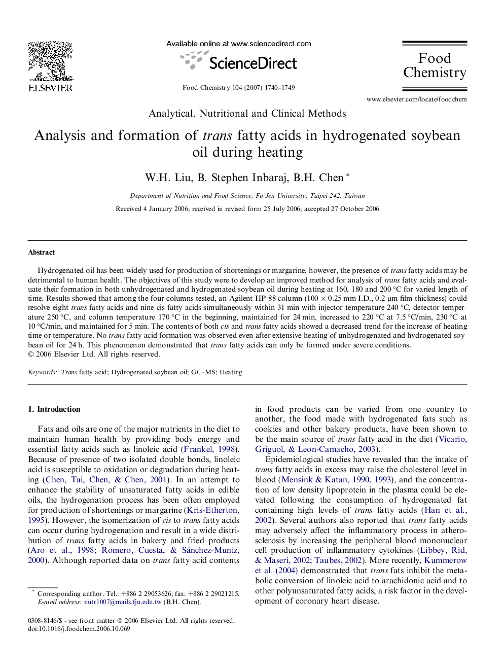 Analysis and formation of trans fatty acids in hydrogenated soybean oil during heating