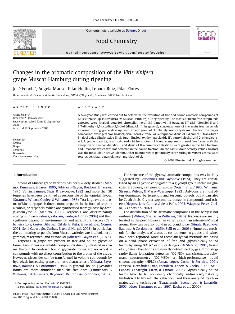 Changes in the aromatic composition of the Vitis vinifera grape Muscat Hamburg during ripening