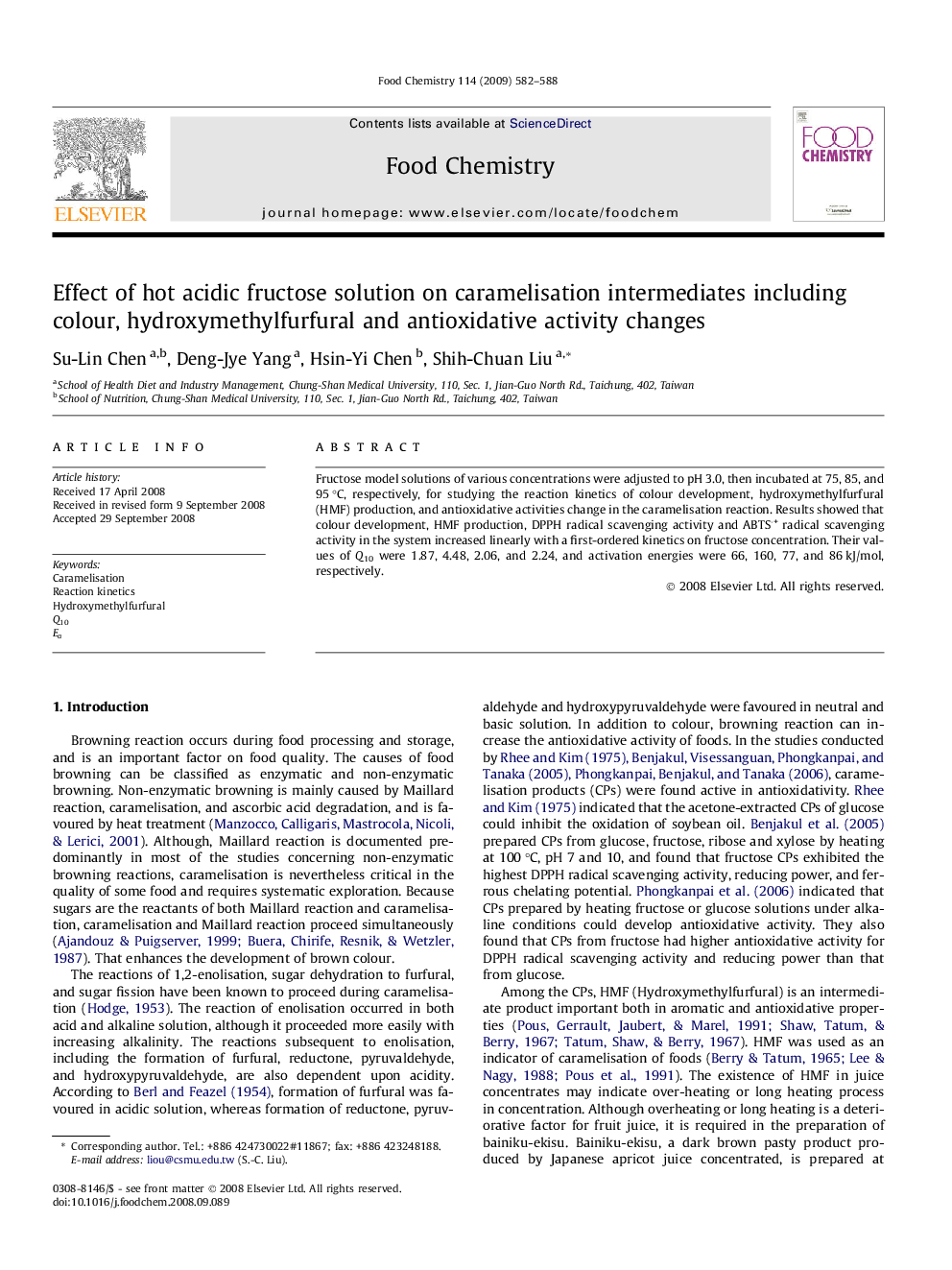 Effect of hot acidic fructose solution on caramelisation intermediates including colour, hydroxymethylfurfural and antioxidative activity changes