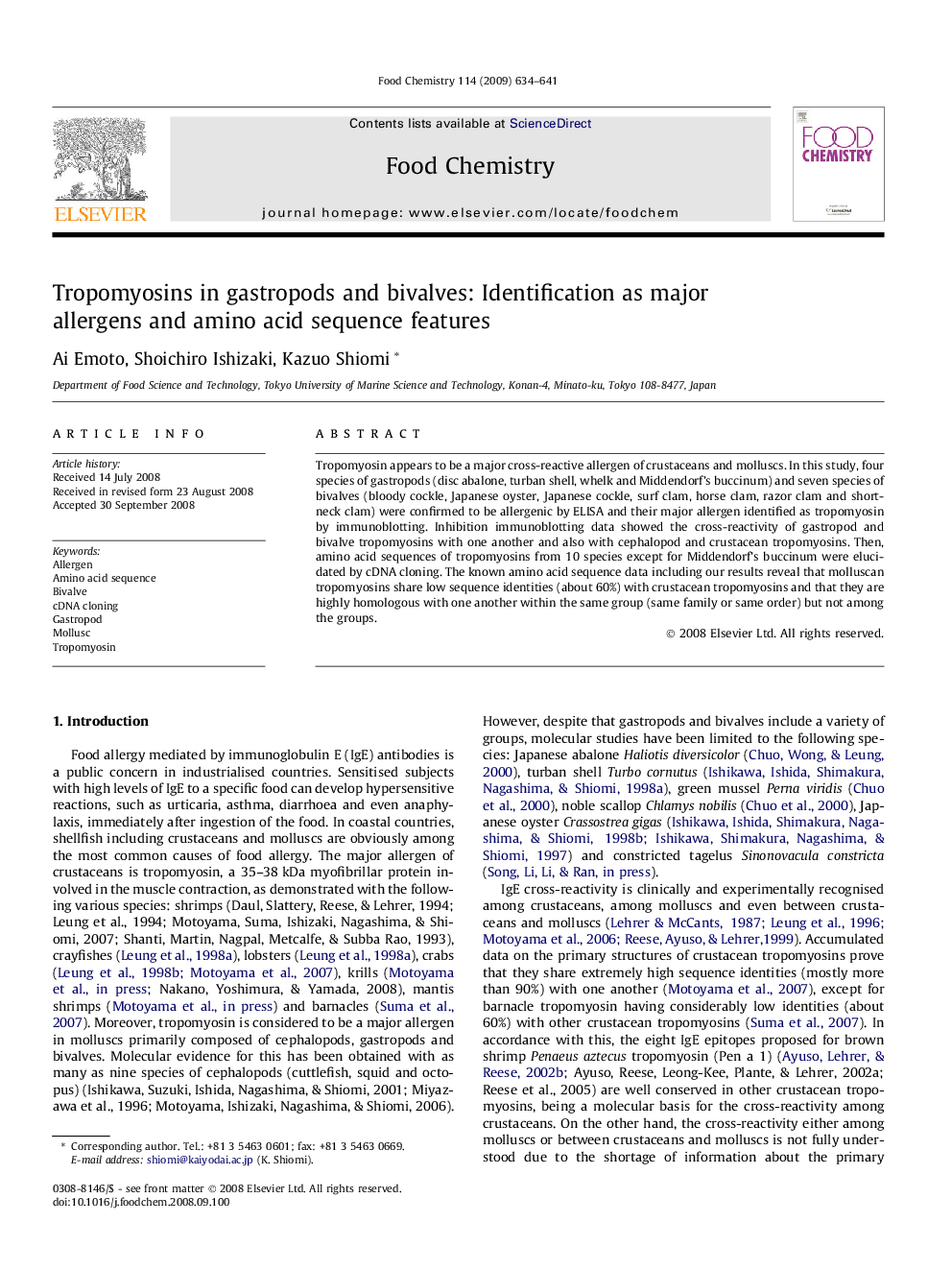 عکس صفحه اول مقاله: Tropomyosins in gastropods and bivalves: Identification as major allergens and amino acid sequence features Tropomyosins in gastropods and bivalves: Identification as major allergens and amino acid sequence features