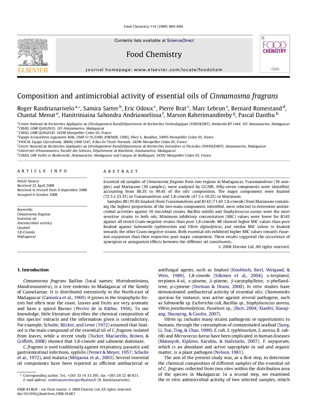 Composition and antimicrobial activity of essential oils of Cinnamosma fragrans