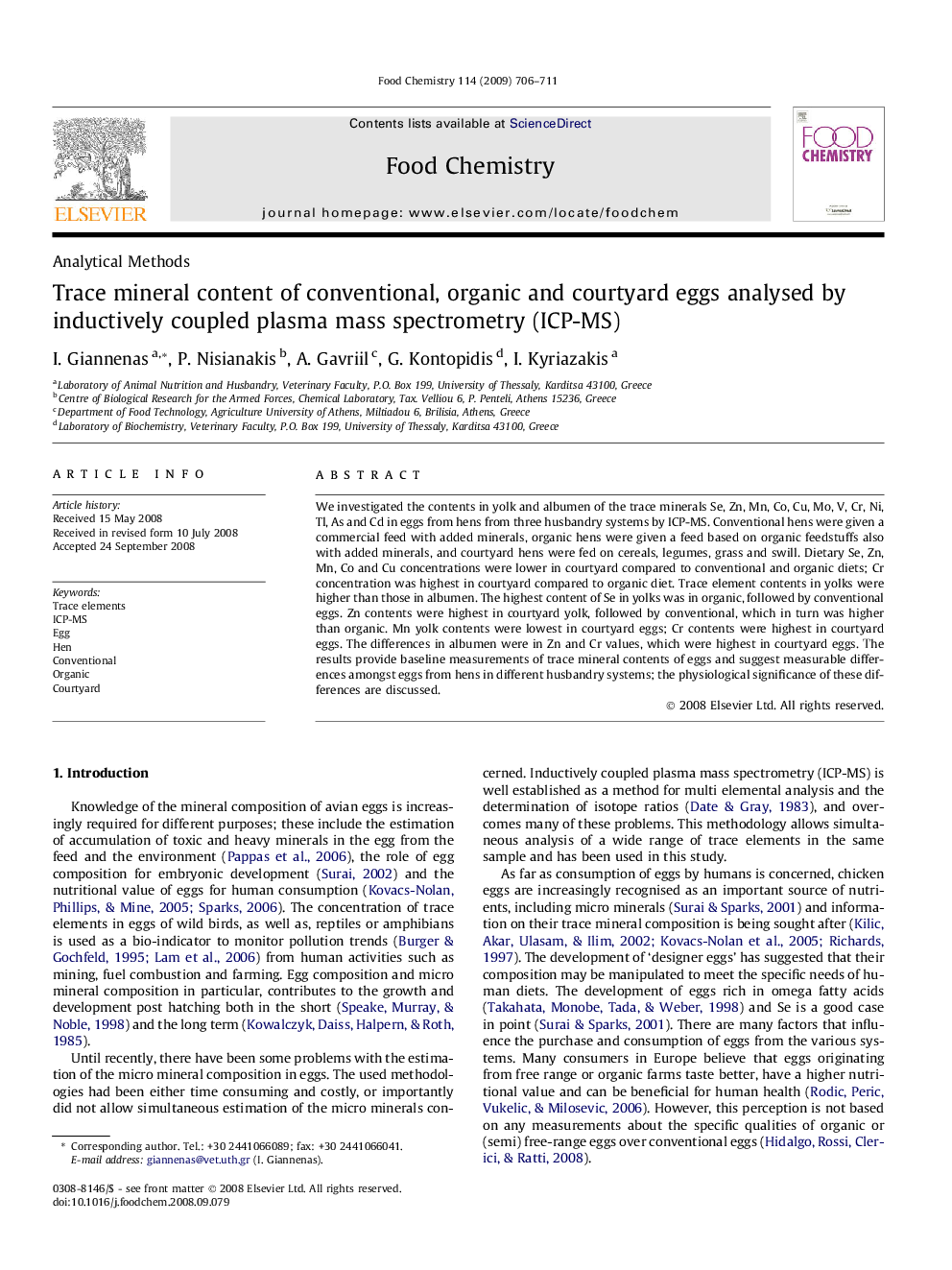 Trace mineral content of conventional, organic and courtyard eggs analysed by inductively coupled plasma mass spectrometry (ICP-MS)