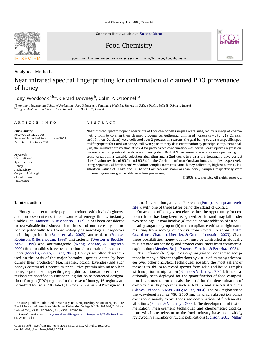 عکس صفحه اول مقاله: Near infrared spectral fingerprinting for confirmation of claimed PDO provenance of honey Near infrared spectral fingerprinting for confirmation of claimed PDO provenance of honey