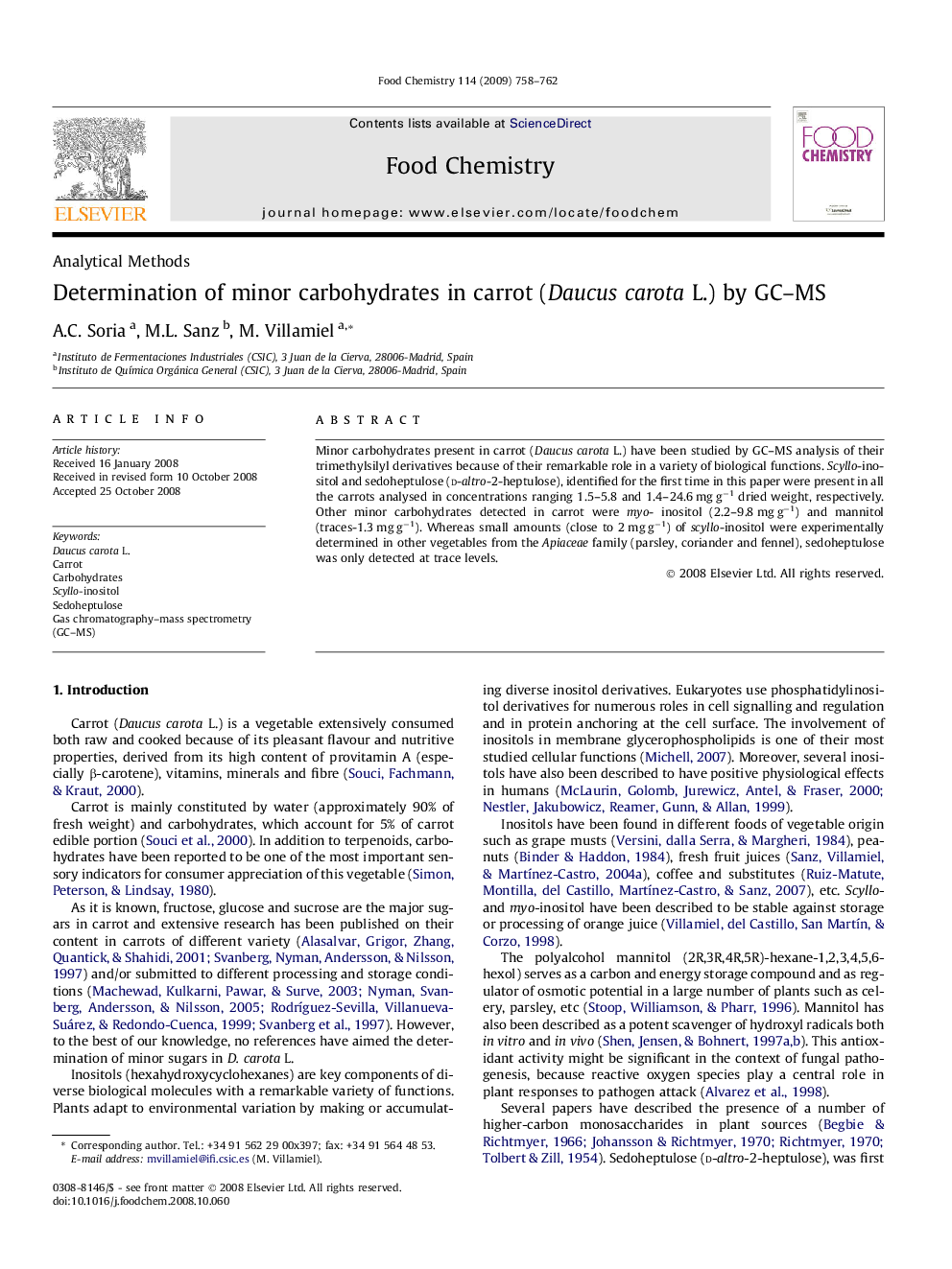 Determination of minor carbohydrates in carrot (Daucus carota L.) by GC–MS