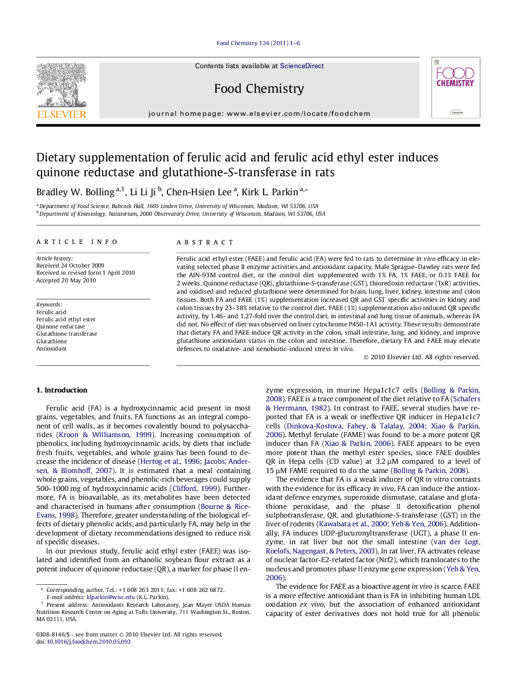 Dietary supplementation of ferulic acid and ferulic acid ethyl ester induces quinone reductase and glutathione-S-transferase in rats