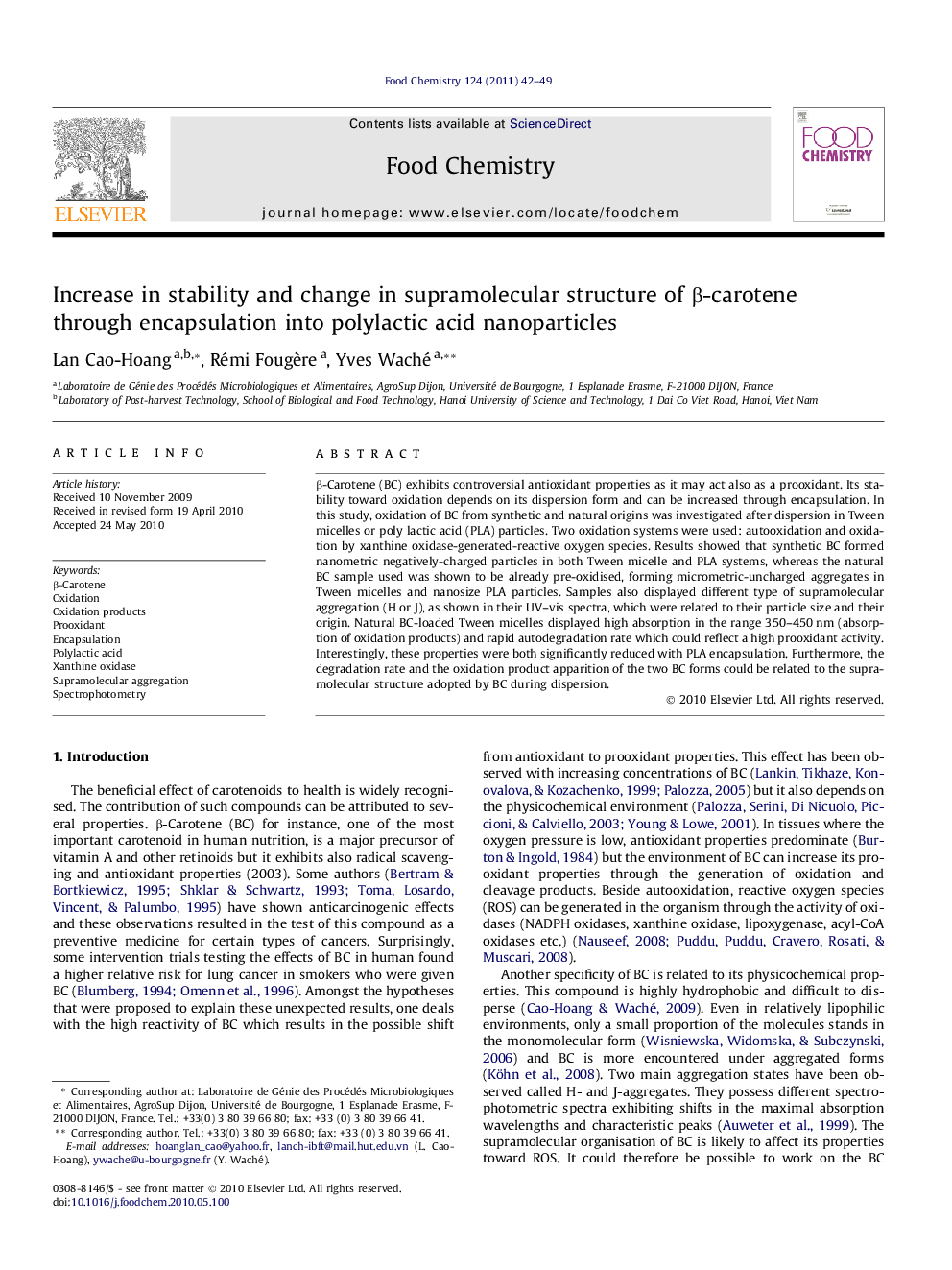 Increase in stability and change in supramolecular structure of β-carotene through encapsulation into polylactic acid nanoparticles