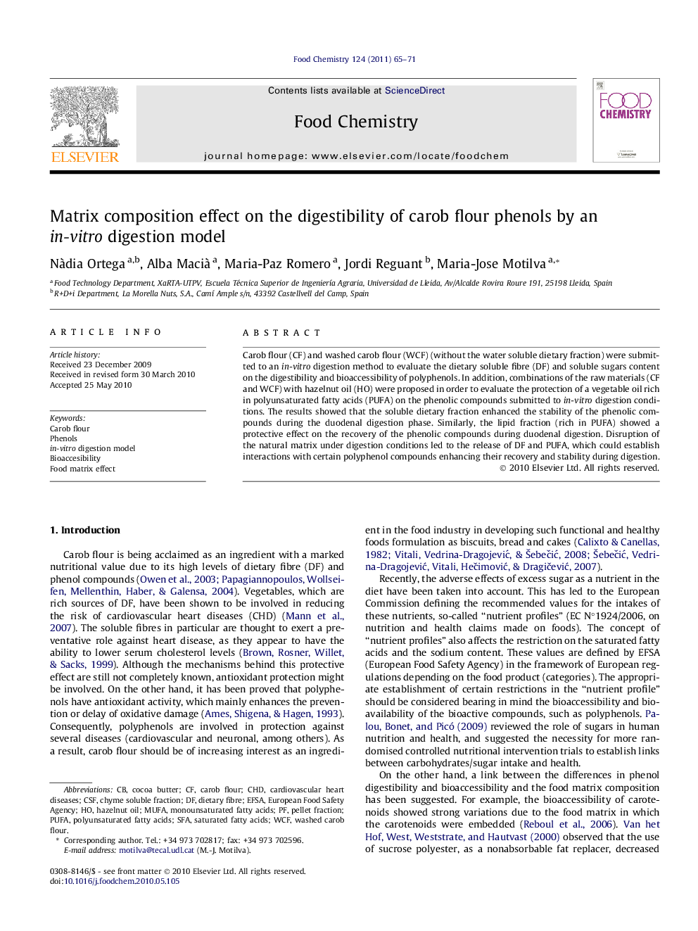 Matrix composition effect on the digestibility of carob flour phenols by an in-vitro digestion model